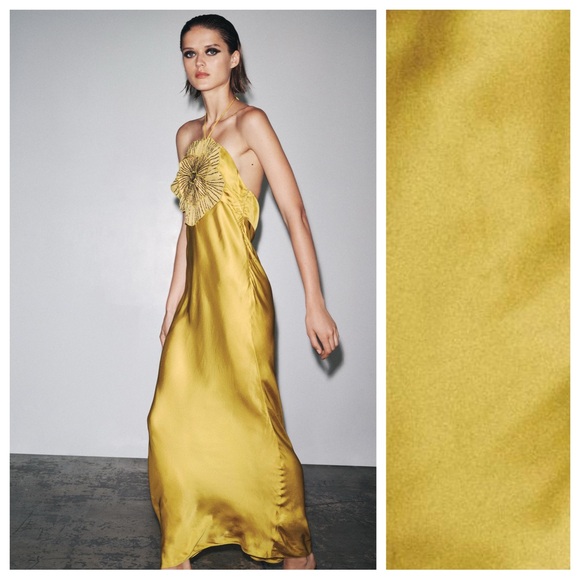 Zara Dresses & Skirts - NWT. Zara Olive Green Satin Effect Long Dress with Embossed Flower. Size XS.
